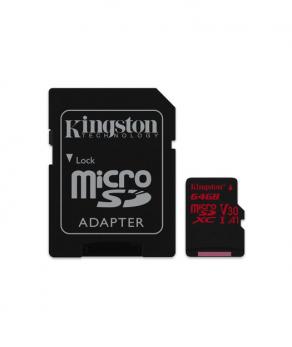 Kingston 64GB microSDXC Canvas React  100R/80W U3 UHS-I V30 A1 + SD Adapter