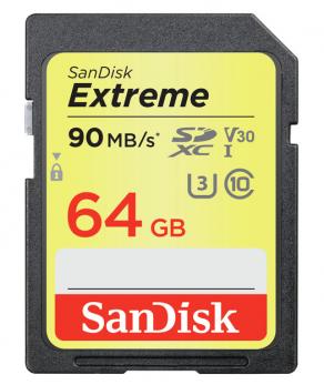 SanDisk Extreme SDHC Card 64GB 90MB/s Class 10 UHS-I U3